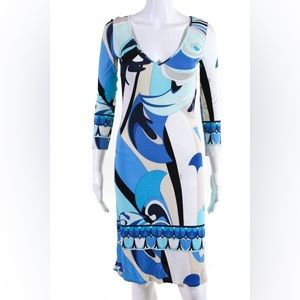 Emilio Pucci White Blue Beige Printed V-Neck Knee Length Shift Dress